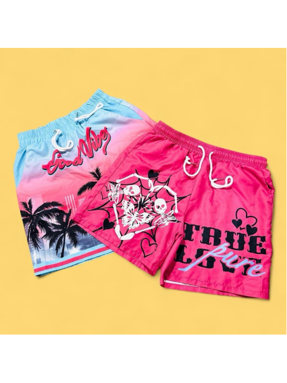 ROMWE Pink Blue Graphic Swim Trunks Shorts Men S Beach Summer Y2K